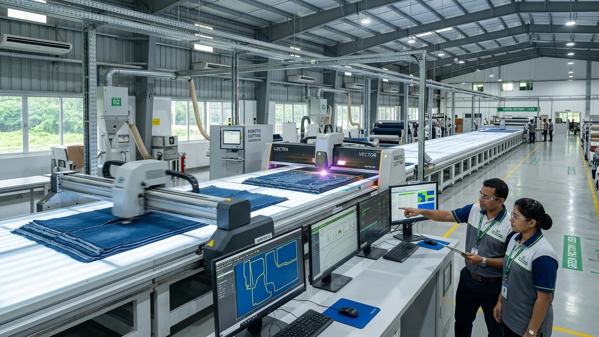 Automated computerized fabric cutting machinery in a modern garment factory in Bangladesh