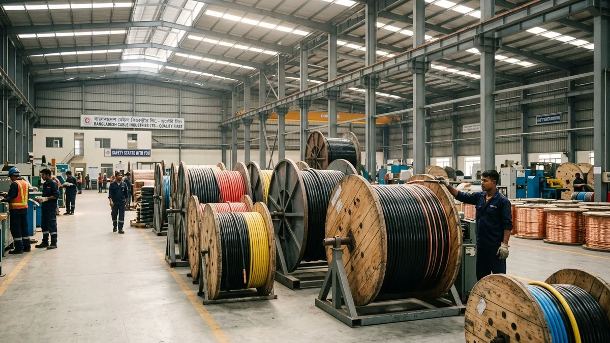 Industrial copper cable manufacturing spools in a factory in Bangladesh